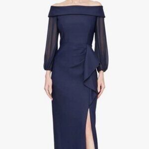 Alex Evenings Navy Blue Sheer Long Sleeve Evening Gown
